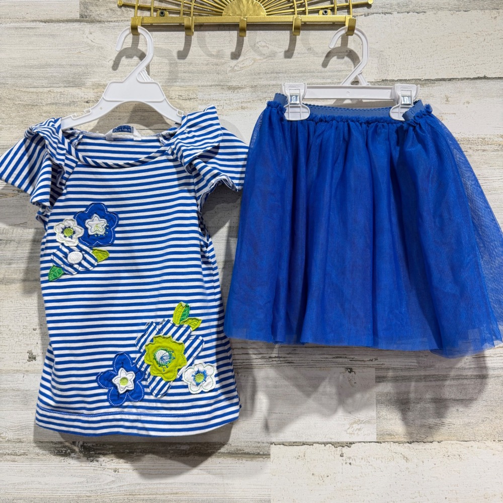 Mayoral Skirt Set Girls Size 8 Blue White Striped Floral Tulle Balletcore EUC